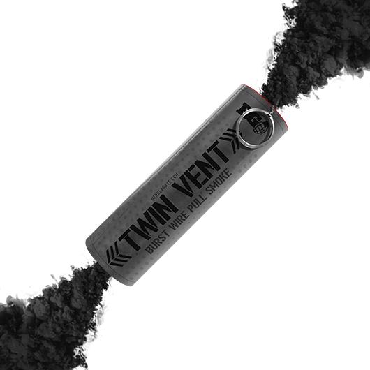 Enola Gaye Twin Vent burst smoke grenade emitting black smoke with pull ring on white background