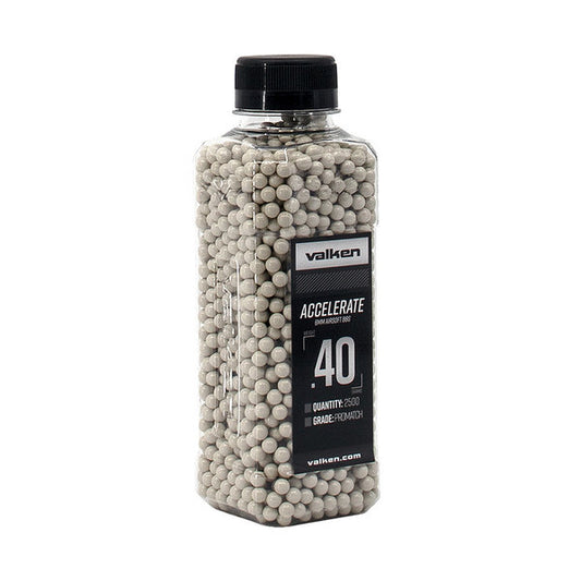 Valken clear plastic bottle of white airsoft BBs valken bb 40g 2500 count with black screw cap
