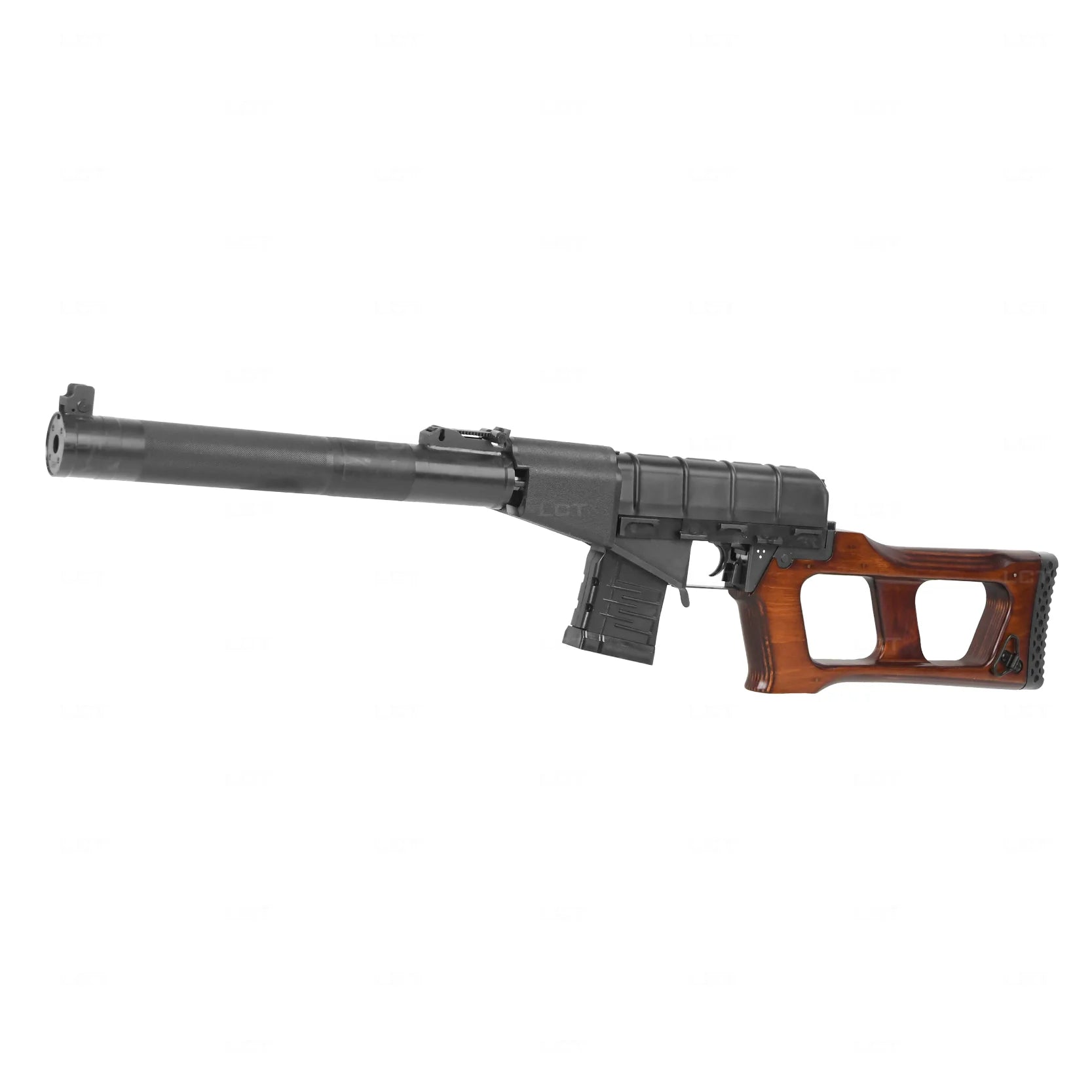 LCT AEG Vintorez airsoft rifle with wooden stock and tactical design for airsoft enthusiasts