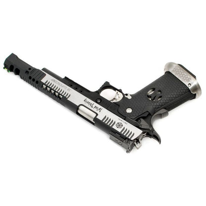 ARMORERWORKS 38 supercomp AIRSOFT pistol with black textured grip and silver barrel
